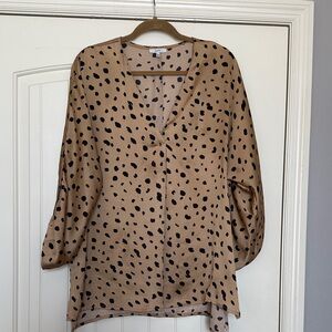 JODIFL Tan Satin V-Neck Blouse with Black Spot Print